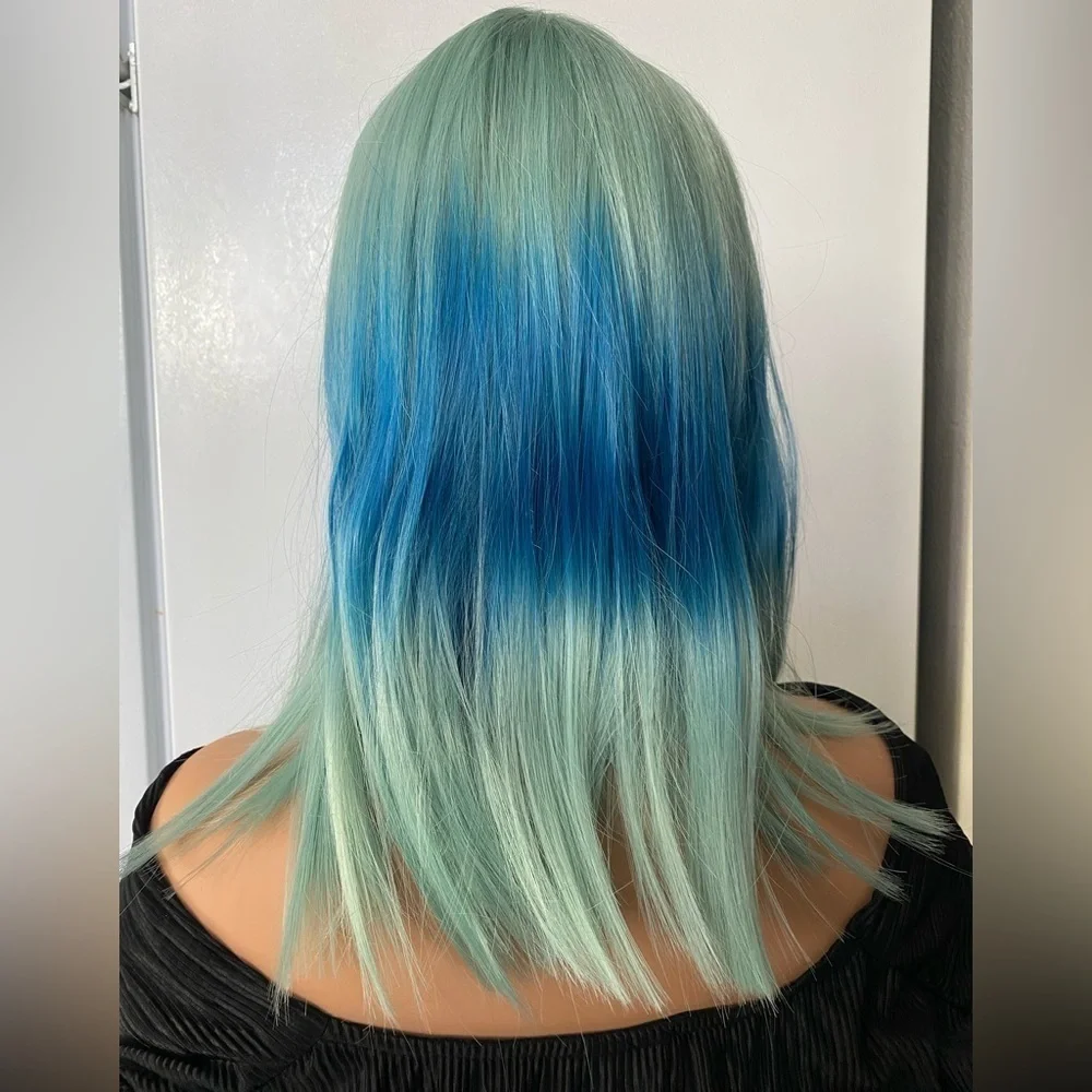 Medium hair Wig Aqua Green + Blue balayage two tone 16” with bangs